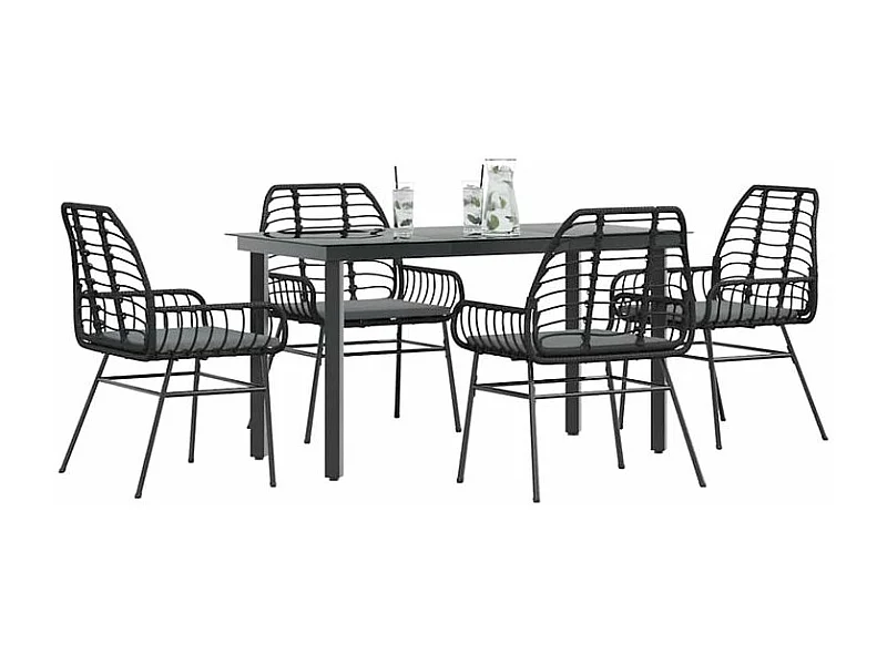 Ensemble à manger de jardin et coussins 5 pcs noir rotin verre
