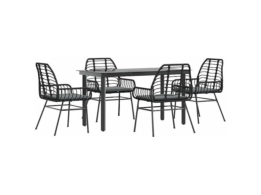 Ensemble à manger de jardin et coussins 5 pcs noir rotin verre