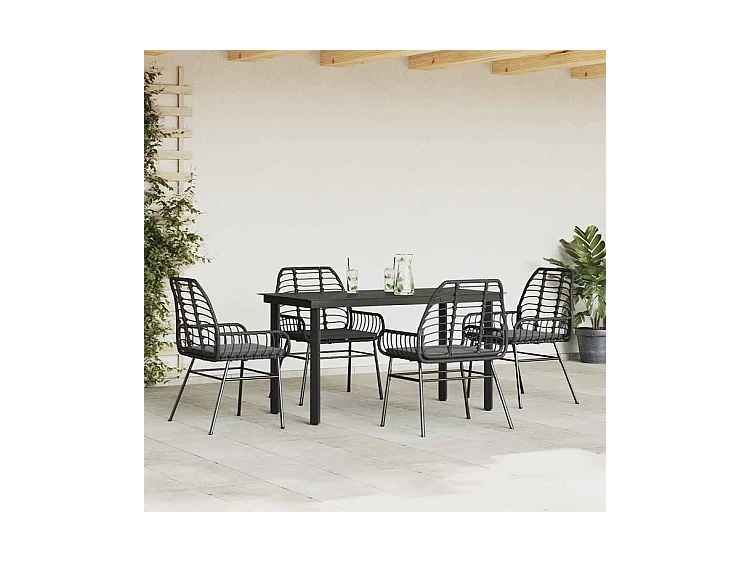 Ensemble à manger de jardin et coussins 5 pcs noir rotin verre