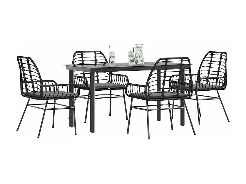 Ensemble à manger de jardin et coussins 5 pcs noir rotin verre