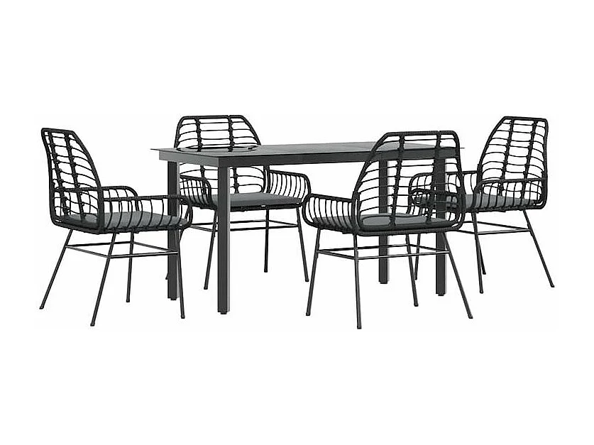 Ensemble à manger de jardin et coussins 5 pcs noir rotin verre