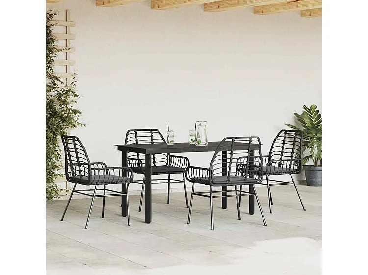 Ensemble à manger de jardin et coussins 5 pcs noir rotin verre