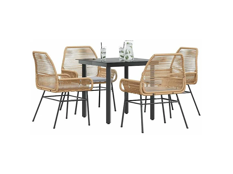 Ensemble à manger jardin coussins 5pcs marron poly rotin verre