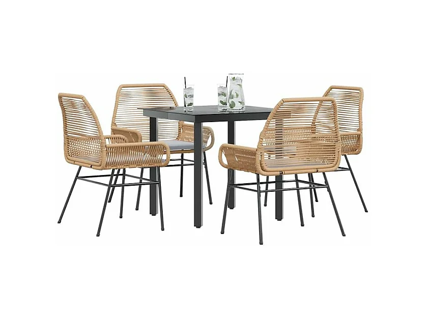 Ensemble à manger jardin coussins 5pcs marron poly rotin verre