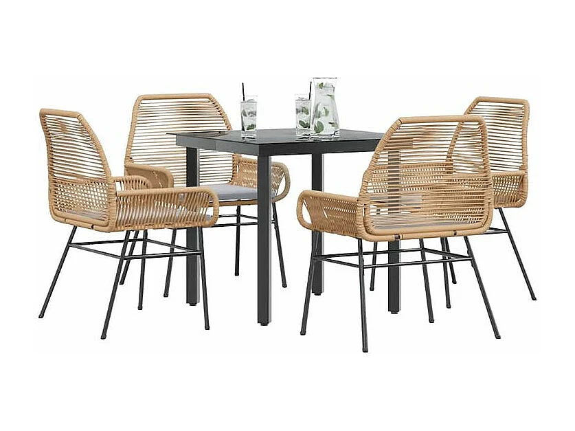 Ensemble à manger jardin coussins 5pcs marron poly rotin verre