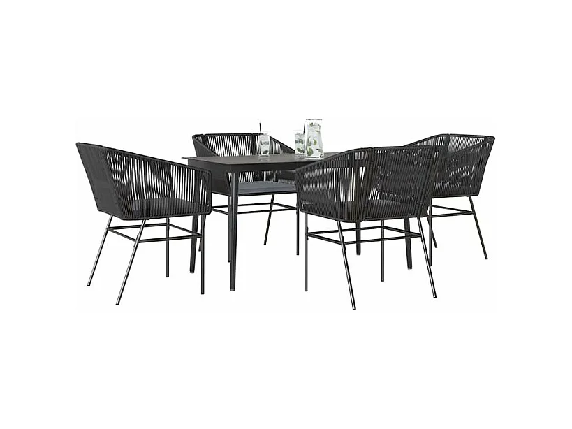 Ensemble à manger de jardin et coussins 5 pcs noir rotin verre