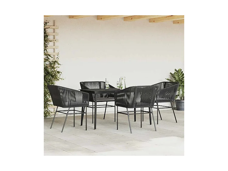 Ensemble à manger de jardin et coussins 5 pcs noir rotin verre