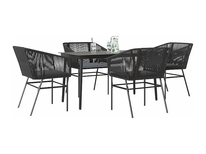 Ensemble à manger de jardin et coussins 5 pcs noir rotin verre