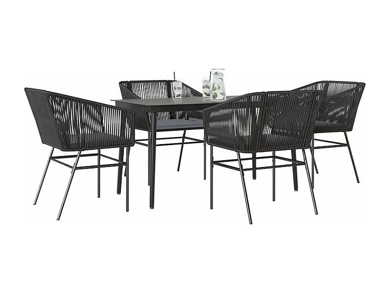 Ensemble à manger de jardin et coussins 5 pcs noir rotin verre