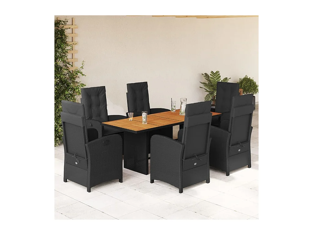 Ensemble à manger de jardin coussins 7pcs Noir Résine tressée