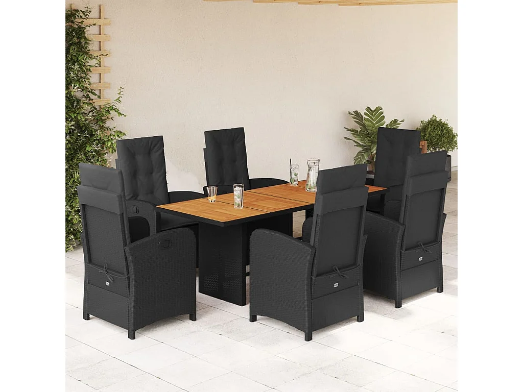Ensemble à manger de jardin coussins 7pcs Noir Résine tressée