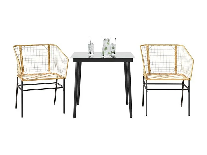 Ensemble à manger de jardin 3pcs marron résine tressée verre