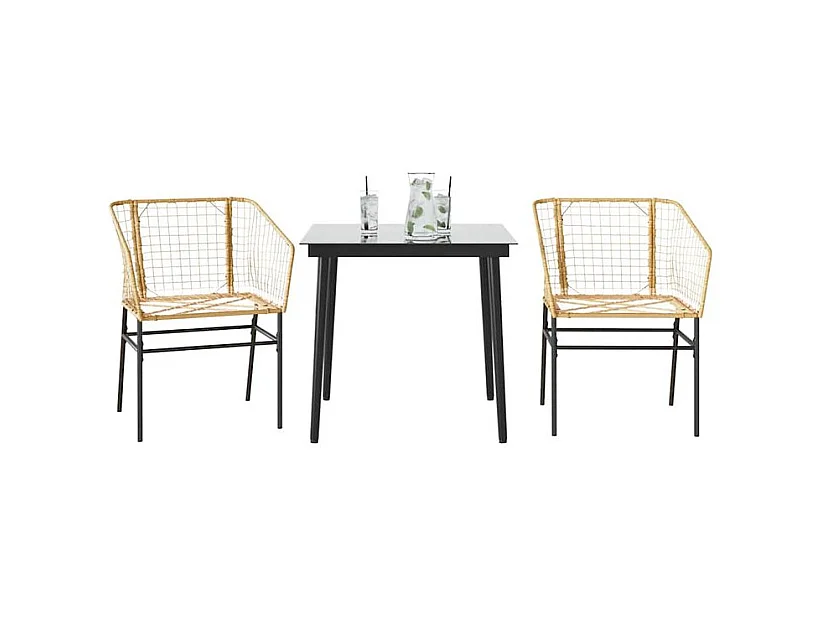 Ensemble à manger de jardin 3pcs marron résine tressée verre