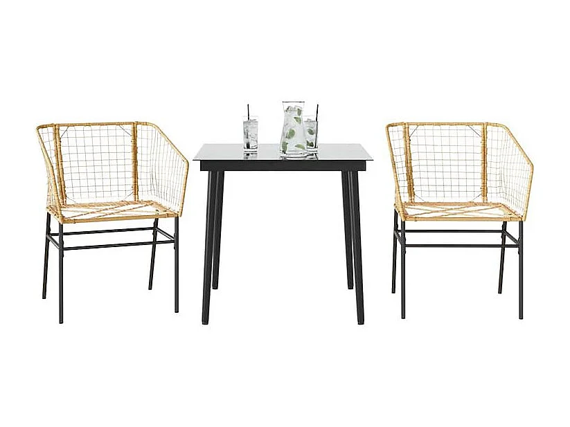 Ensemble à manger de jardin 3pcs marron résine tressée verre