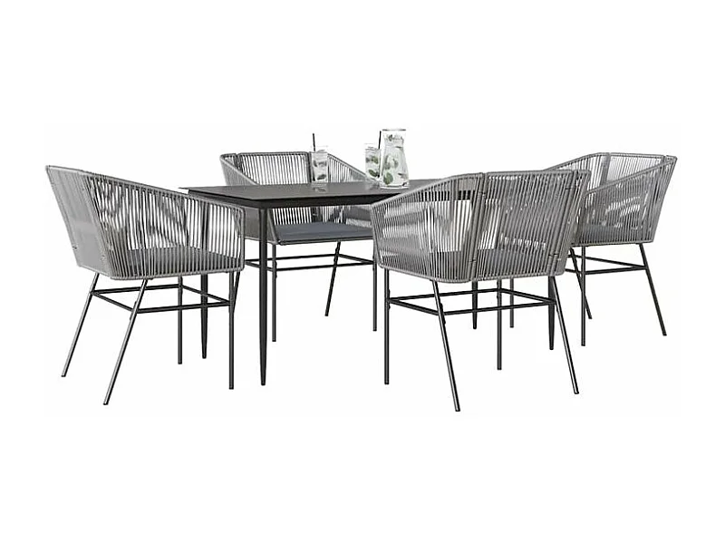 Ensemble à manger jardin coussins 5 pcs gris poly rotin verre