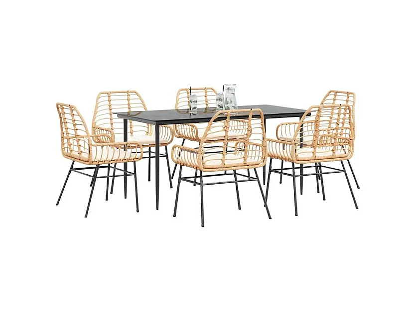 Ensemble à manger jardin coussins 7pcs marron poly rotin verre