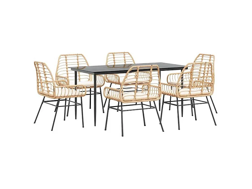Ensemble à manger jardin coussins 7pcs marron poly rotin verre