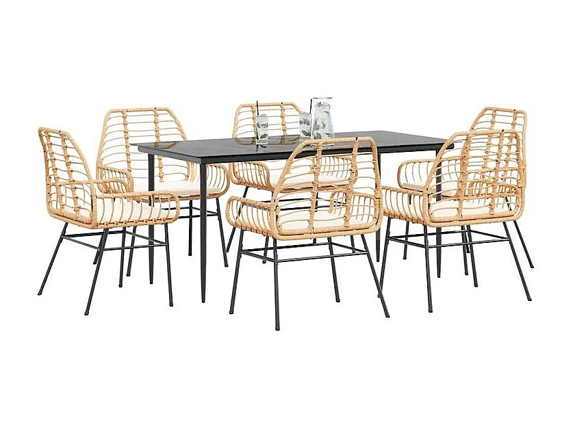 Ensemble à manger jardin coussins 7pcs marron poly rotin verre