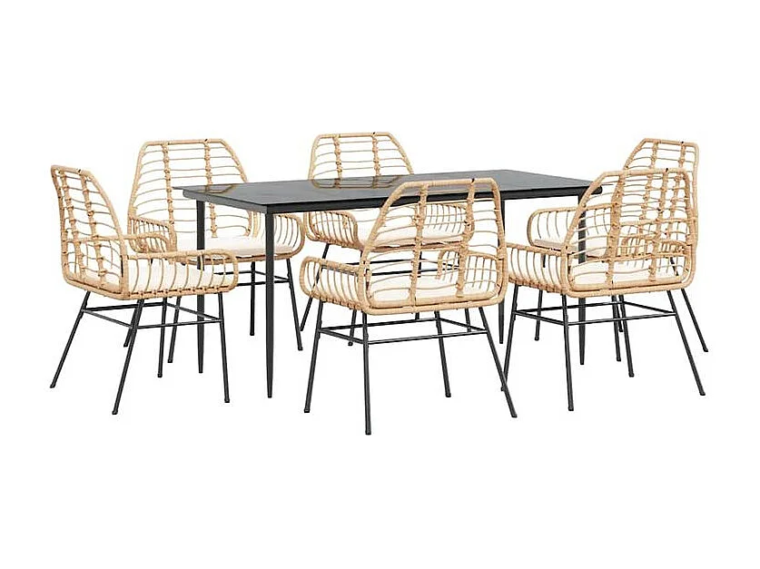 Ensemble à manger jardin coussins 7pcs marron poly rotin verre