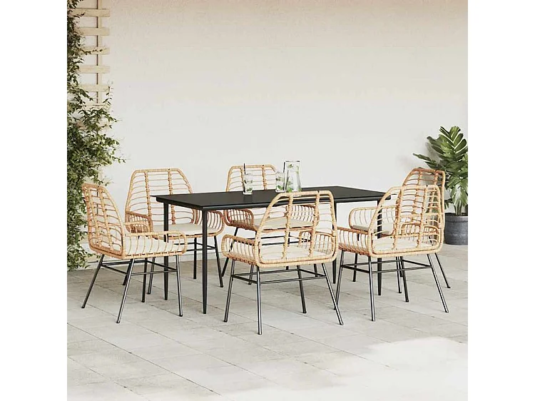 Ensemble à manger jardin coussins 7pcs marron poly rotin verre