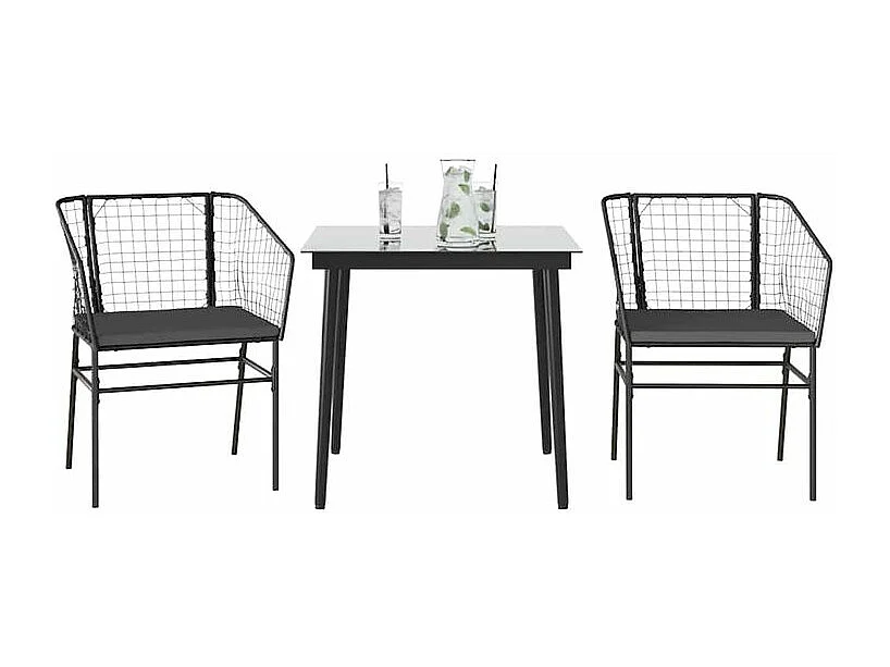 Ensemble à manger de jardin et coussins 3 pcs noir rotin verre