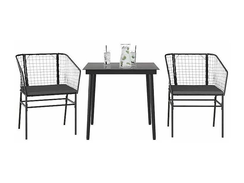 Ensemble à manger de jardin et coussins 3 pcs noir rotin verre