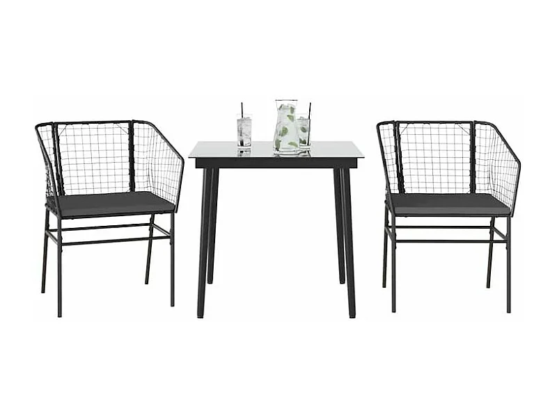 Ensemble à manger de jardin et coussins 3 pcs noir rotin verre