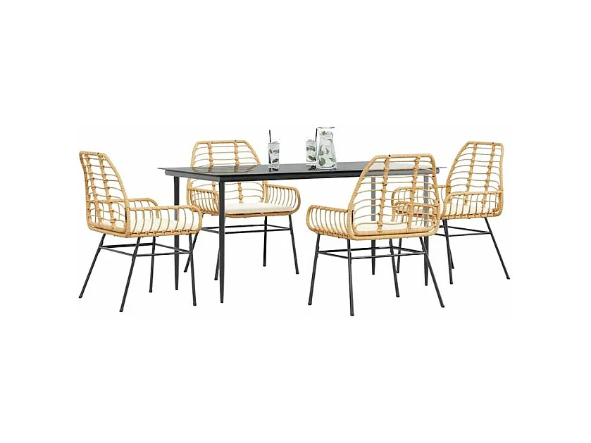 Ensemble à manger jardin coussins 5pcs marron poly rotin verre