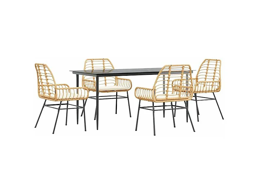 Ensemble à manger jardin coussins 5pcs marron poly rotin verre