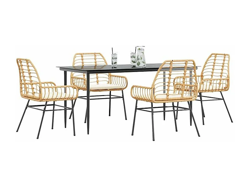 Ensemble à manger jardin coussins 5pcs marron poly rotin verre