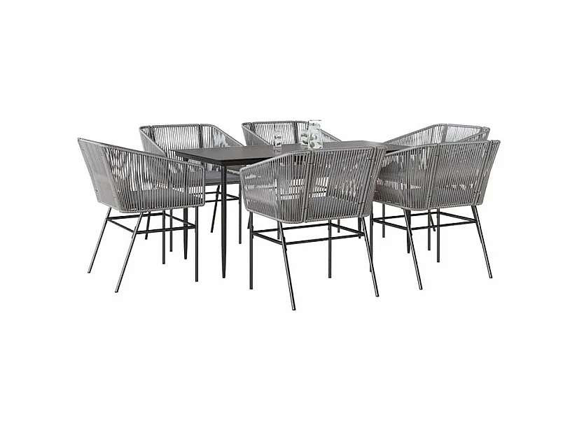 Ensemble à manger jardin coussins 7 pcs gris poly rotin verre