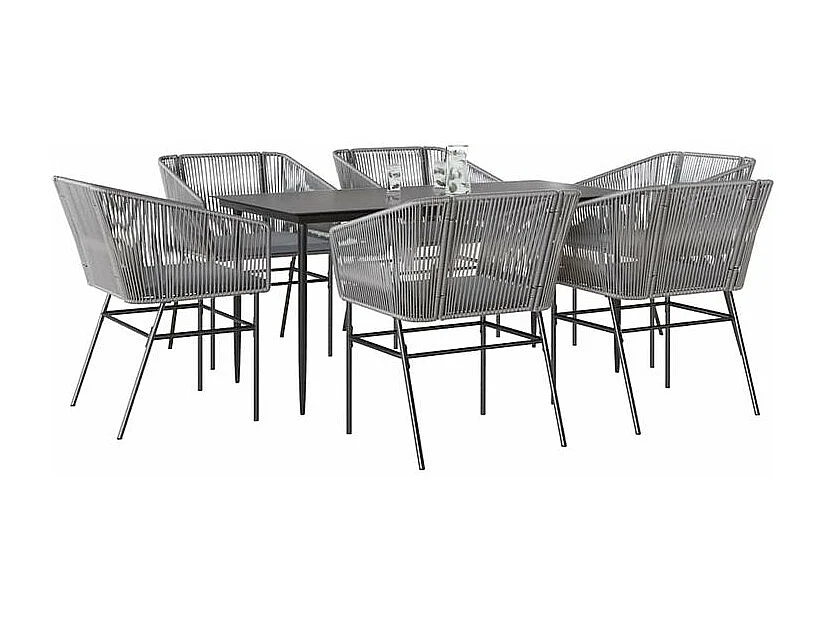 Ensemble à manger jardin coussins 7 pcs gris poly rotin verre