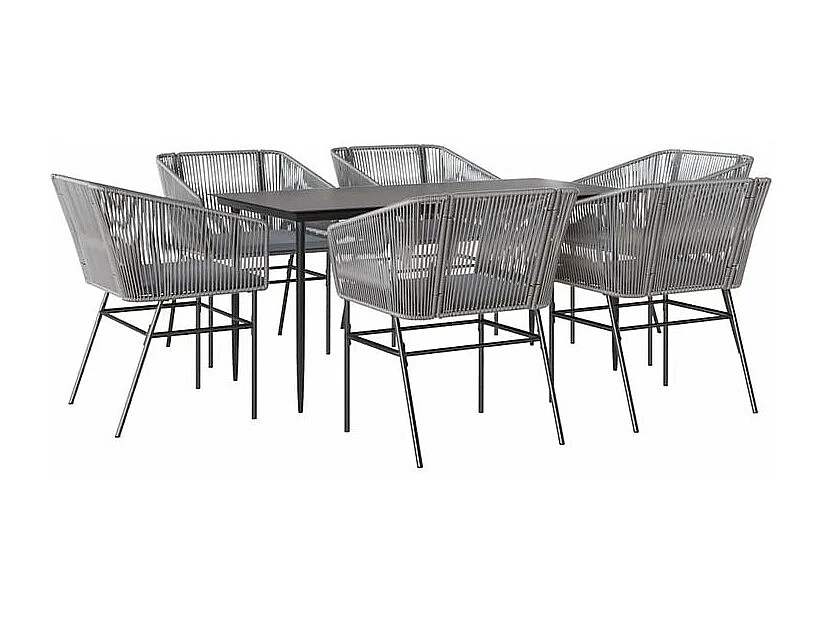 Ensemble à manger jardin coussins 7 pcs gris poly rotin verre