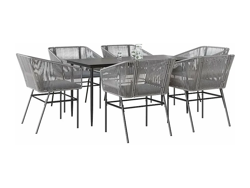 Ensemble à manger jardin coussins 7 pcs gris poly rotin verre