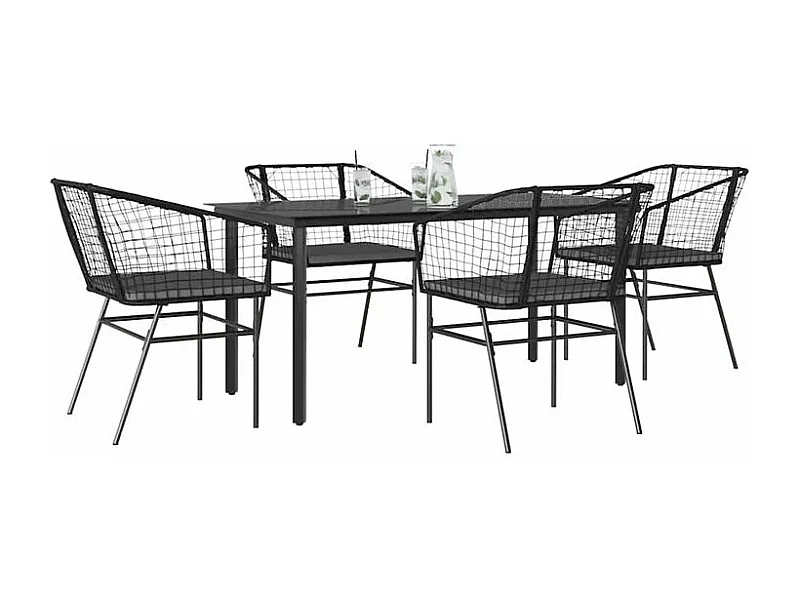 Ensemble à manger de jardin et coussins 5 pcs noir rotin verre