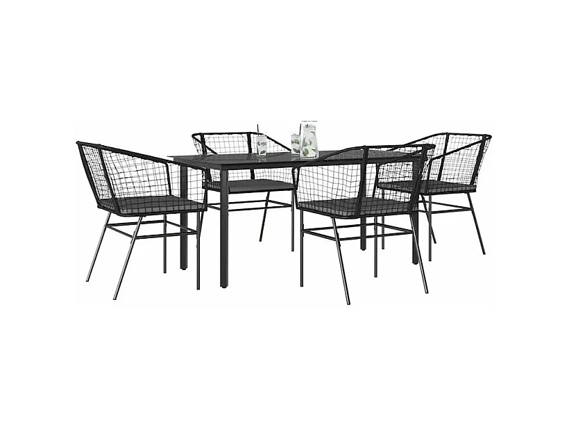 Ensemble à manger de jardin et coussins 5 pcs noir rotin verre