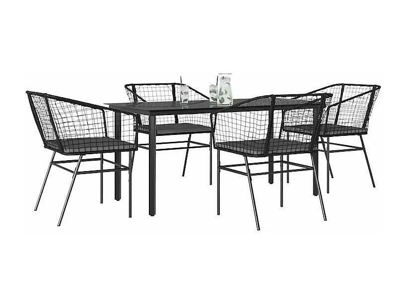 Ensemble à manger de jardin et coussins 5 pcs noir rotin verre