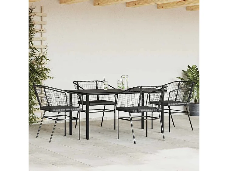 Ensemble à manger de jardin et coussins 5 pcs noir rotin verre