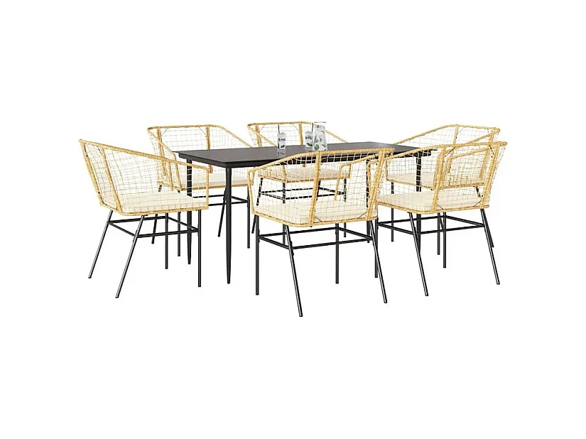 Ensemble à manger jardin coussins 7pcs marron poly rotin verre