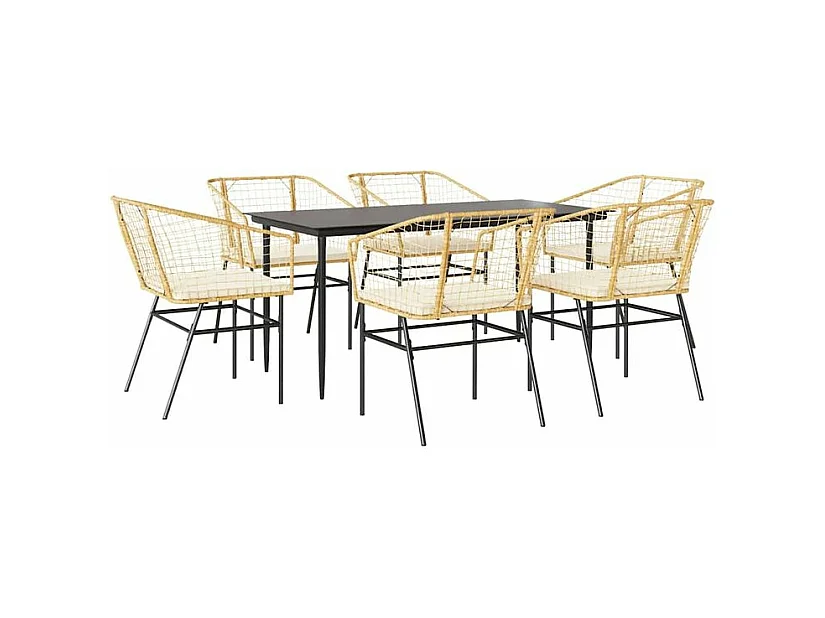 Ensemble à manger jardin coussins 7pcs marron poly rotin verre