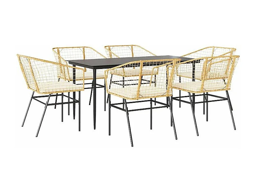 Ensemble à manger jardin coussins 7pcs marron poly rotin verre