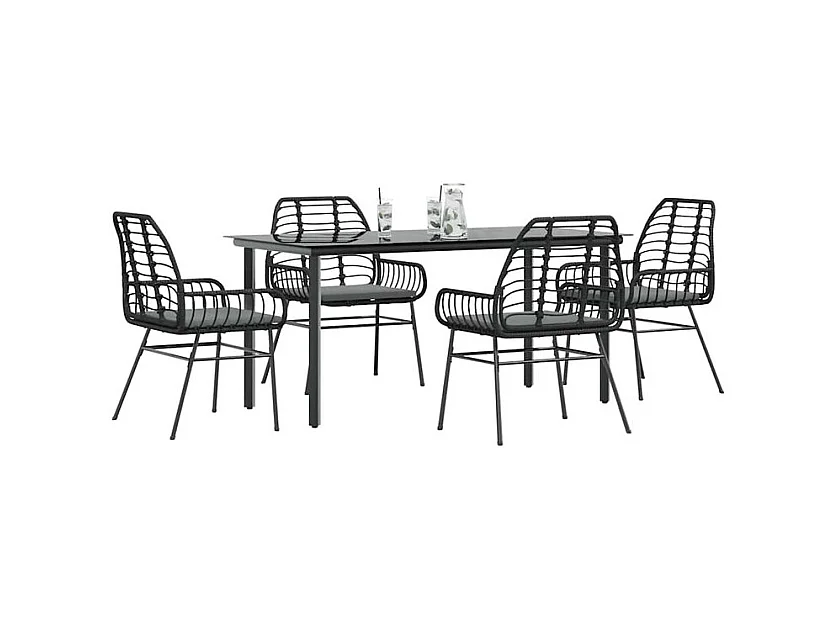 Ensemble à manger de jardin et coussins 5 pcs noir rotin verre