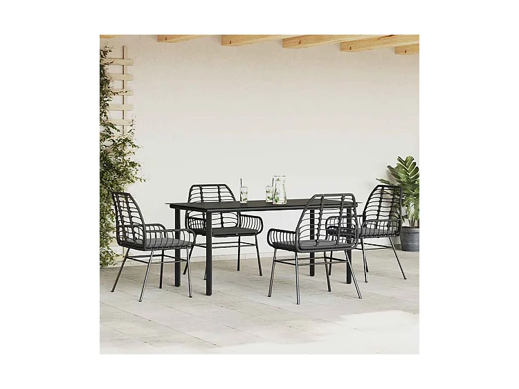 Ensemble à manger de jardin et coussins 5 pcs noir rotin verre