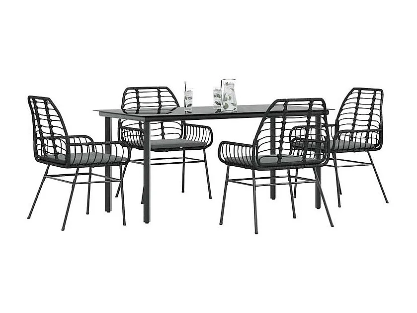 Ensemble à manger de jardin et coussins 5 pcs noir rotin verre