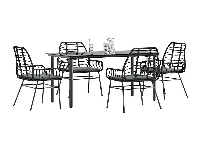 Ensemble à manger de jardin et coussins 5 pcs noir rotin verre