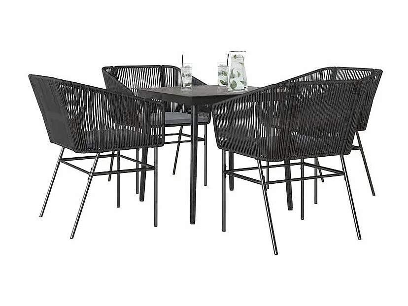 Ensemble à manger de jardin et coussins 5 pcs noir rotin verre