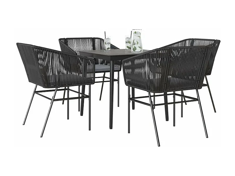 Ensemble à manger de jardin et coussins 5 pcs noir rotin verre