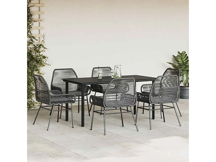 Ensemble à manger de jardin coussins 7pcs noir poly rotin verre