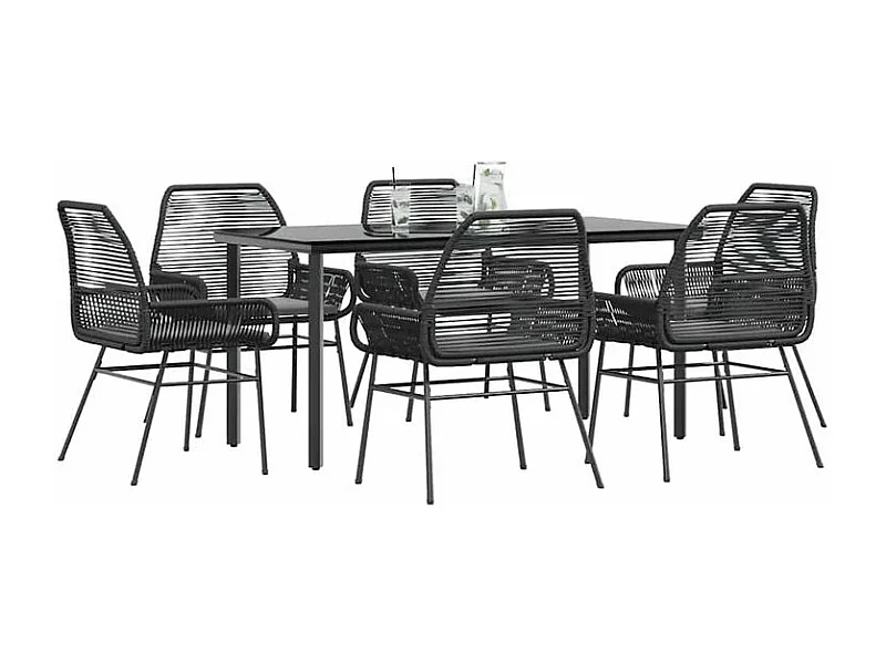 Ensemble à manger de jardin coussins 7pcs noir poly rotin verre