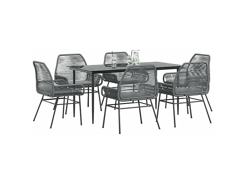 Ensemble à manger jardin coussins 7 pcs gris poly rotin verre